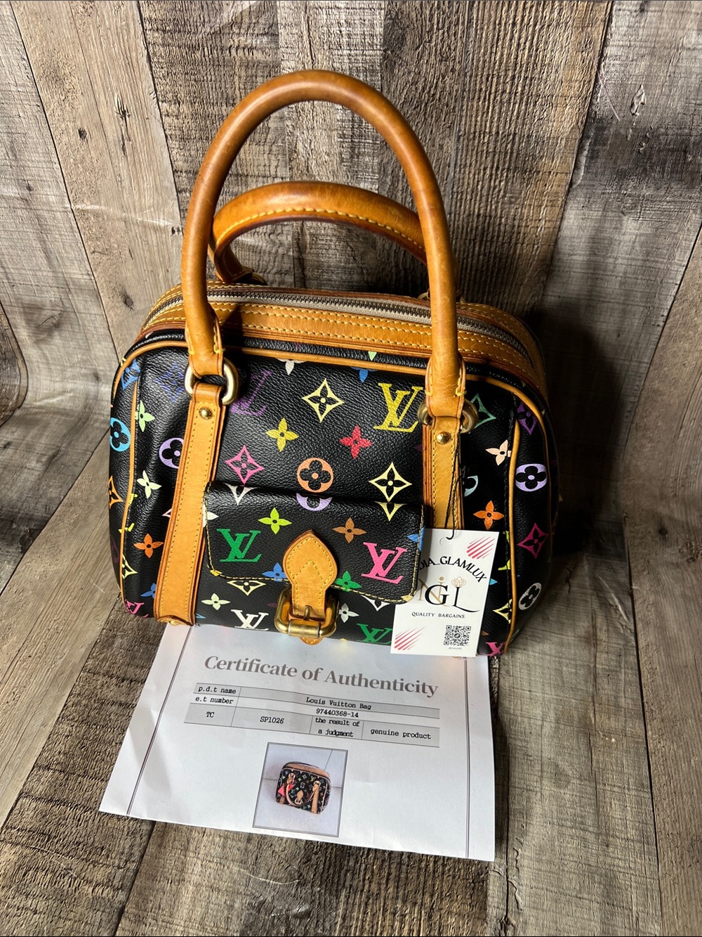 Louis Vuitton Black Multicolor Monogram Satchel with Tan Leather Trim